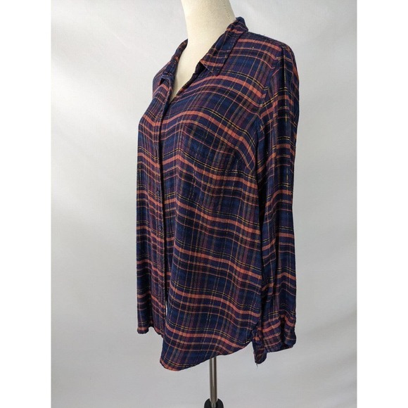 Lucky Brand Plaid Button Down Navy Blue Orange Gold Black Plus Size 1X Flannel - Picture 7 of 7